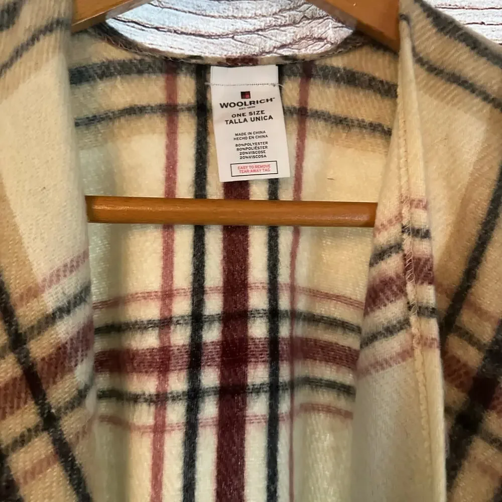Woolrich Plaid Poncho Blanket Shawl open‎ front striped fringe trim one size